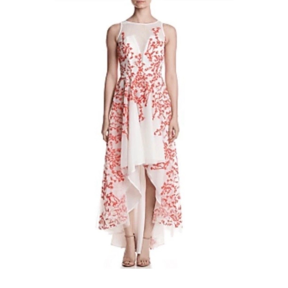 Nicole‎ Miller New York Red Floral Embroidered High-Low Gown White Size 14 NEW